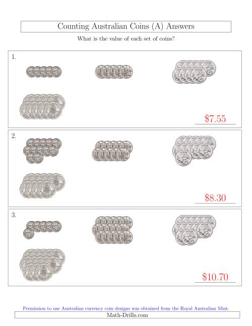 The Counting Australian Coins (No Dollar Coins) Sorted Version (All) Math Worksheet Page 2