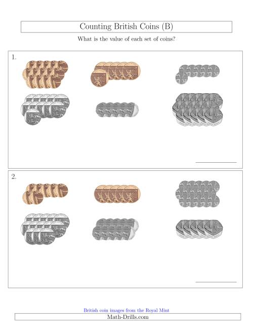 The Counting British Coins (No Pound Coins) (B) Math Worksheet