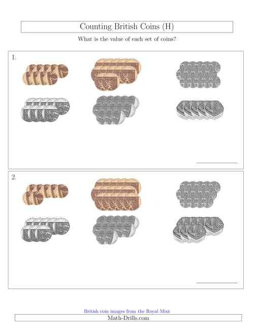 The Counting British Coins (No Pound Coins) (H) Math Worksheet