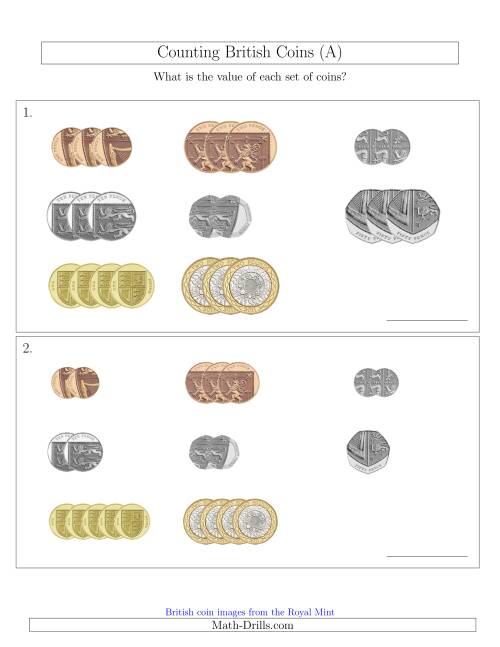 The Counting Small Collections of British Coins (All) Math Worksheet