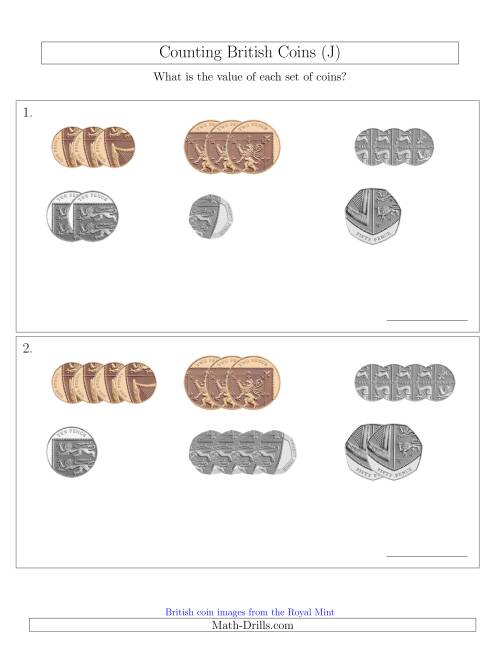 The Counting Small Collections of British Coins (No Pound Coins) (J) Math Worksheet