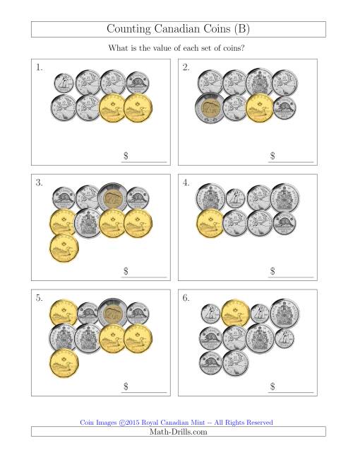 The Counting Canadian Coins Including 50 Cent Pieces (B) Math Worksheet