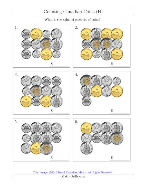 The Counting Canadian Coins Including 50 Cent Pieces (H) Math Worksheet