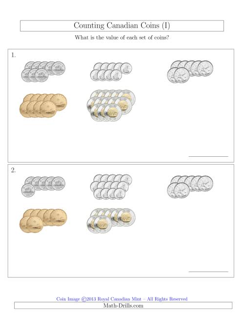 The Counting Canadian Coins Sorted Version (I) Math Worksheet