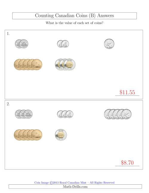 The Counting Small Collections of Canadian Coins Sorted Version (B) Math Worksheet Page 2