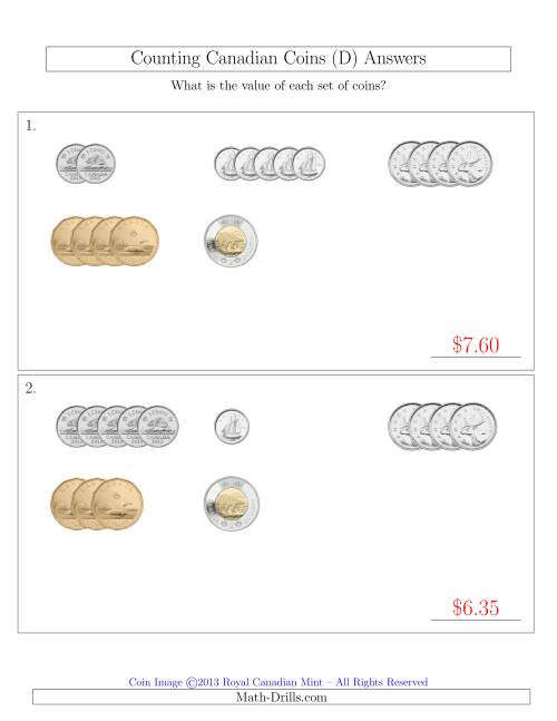 The Counting Small Collections of Canadian Coins Sorted Version (D) Math Worksheet Page 2