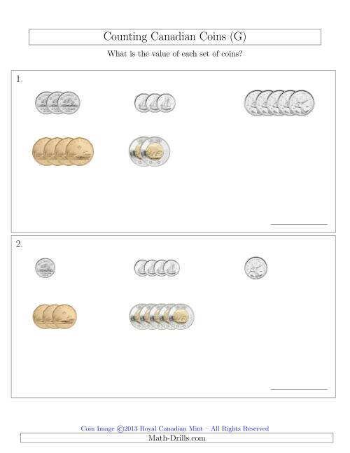 The Counting Small Collections of Canadian Coins Sorted Version (G) Math Worksheet