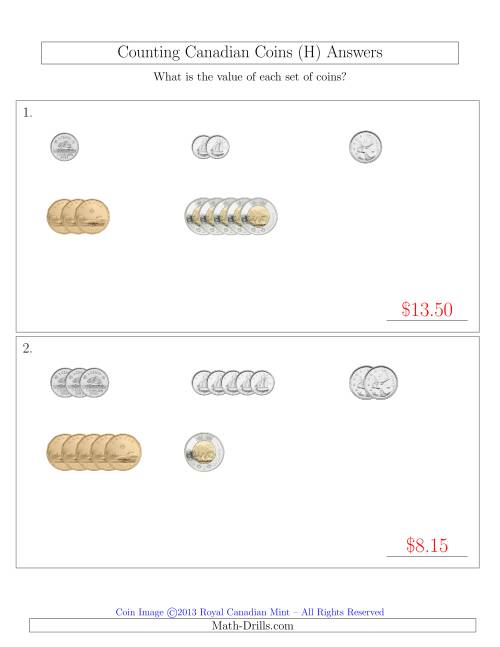 The Counting Small Collections of Canadian Coins Sorted Version (H) Math Worksheet Page 2