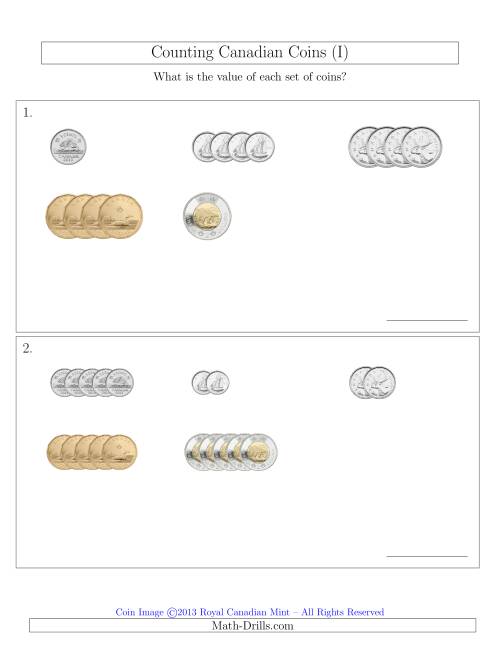 The Counting Small Collections of Canadian Coins Sorted Version (I) Math Worksheet