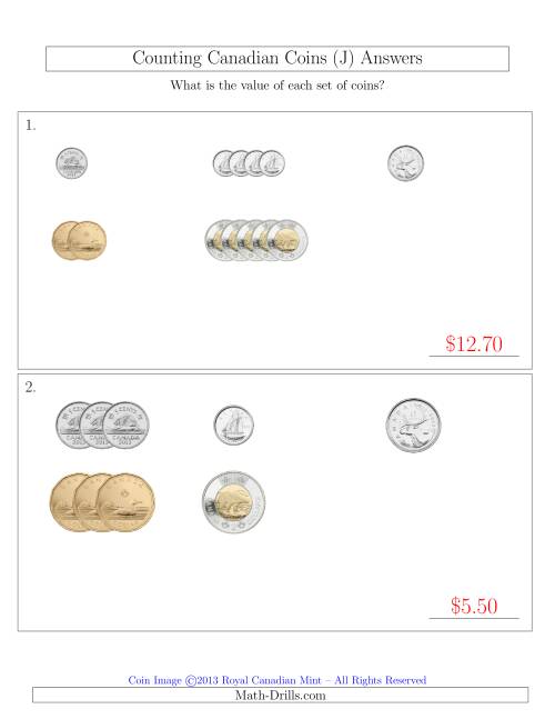 The Counting Small Collections of Canadian Coins Sorted Version (J) Math Worksheet Page 2