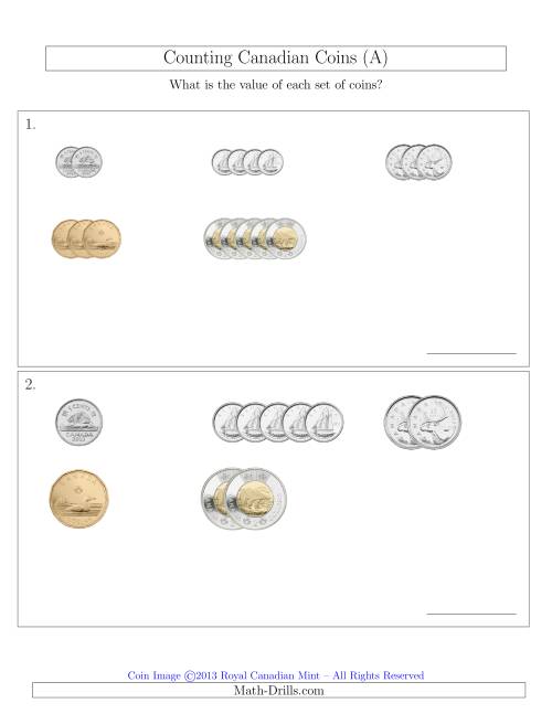 The Counting Small Collections of Canadian Coins Sorted Version (All) Math Worksheet