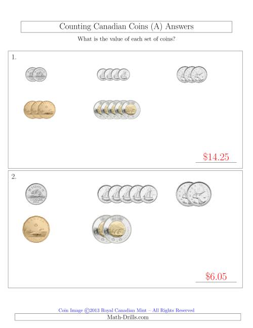 The Counting Small Collections of Canadian Coins Sorted Version (All) Math Worksheet Page 2