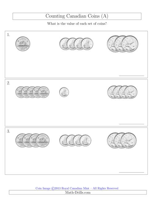 The Counting Small Collections of Canadian Coins Sorted Version (No Dollar Coins) (A) Math Worksheet