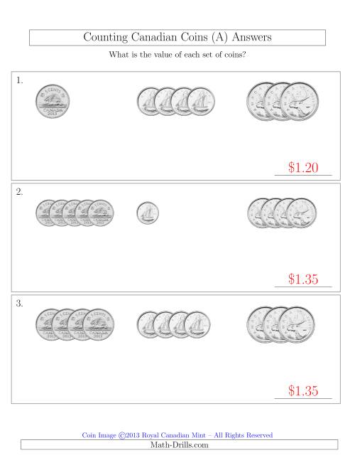 The Counting Small Collections of Canadian Coins Sorted Version (No Dollar Coins) (A) Math Worksheet Page 2