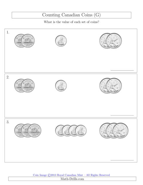 The Counting Small Collections of Canadian Coins Sorted Version (No Dollar Coins) (G) Math Worksheet