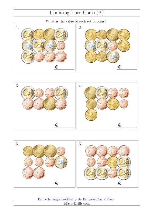 The Counting Euro Coins (All) Math Worksheet