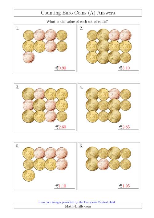 The Counting Euro Coins Including Only 5, 10, 20 and 50 Cent Coins (All) Math Worksheet Page 2
