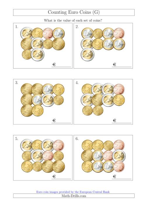 The Counting Euro Coins Without 1 or 2 Cent Coins (G) Math Worksheet