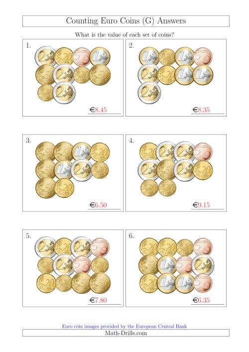 The Counting Euro Coins Without 1 or 2 Cent Coins (G) Math Worksheet Page 2