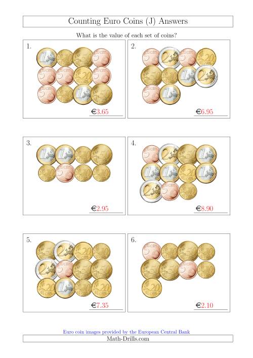 The Counting Euro Coins Without 1 or 2 Cent Coins (J) Math Worksheet Page 2