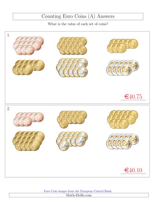 counting euro coins sorted version no 1 or 2 cents a