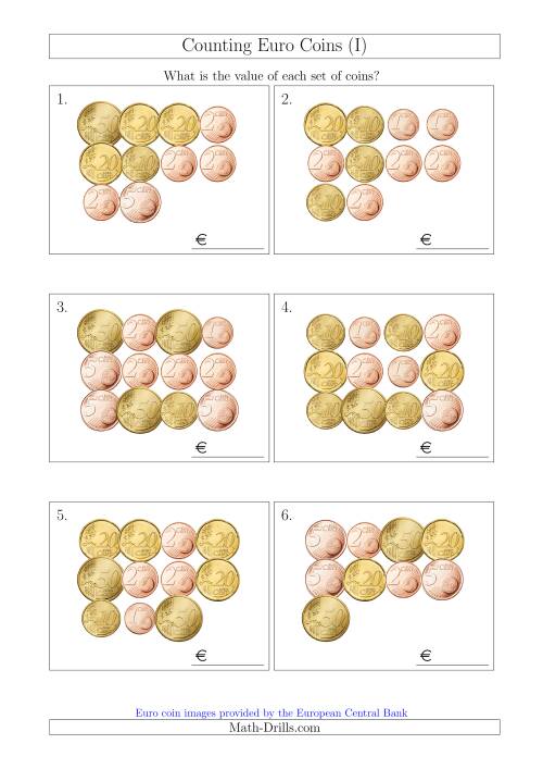 The Counting Euro Coins Without 1 or 2 Euro Coins (I) Math Worksheet