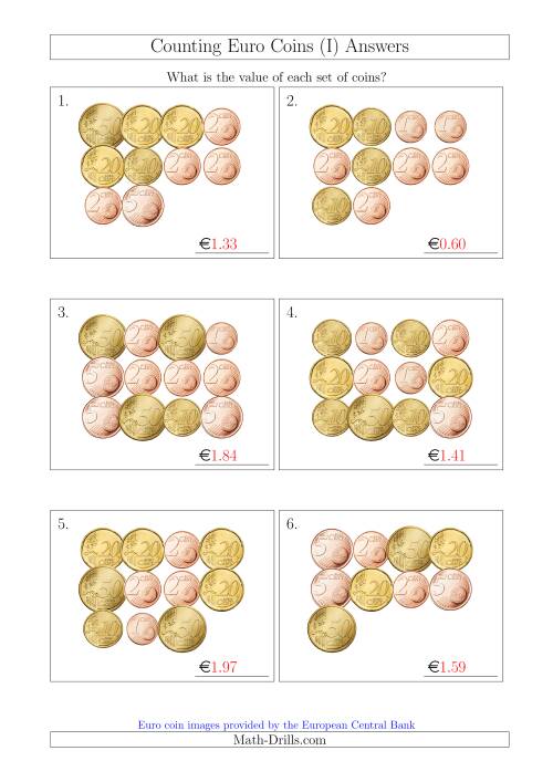 The Counting Euro Coins Without 1 or 2 Euro Coins (I) Math Worksheet Page 2