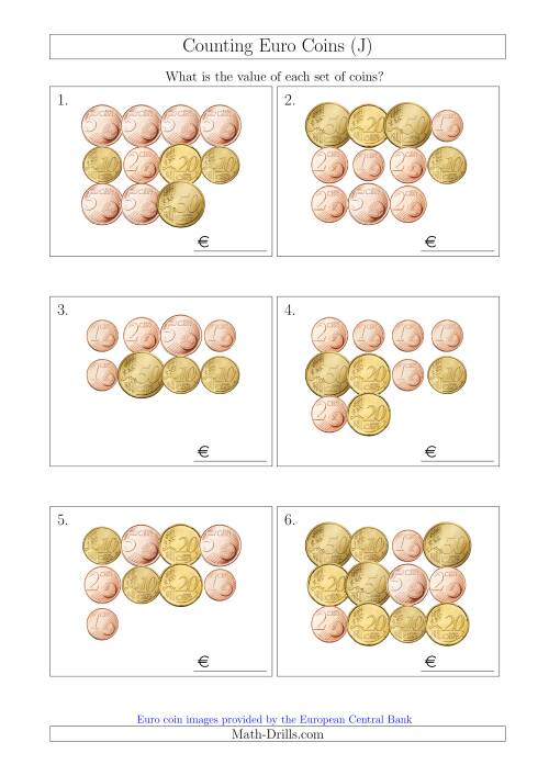 The Counting Euro Coins Without 1 or 2 Euro Coins (J) Math Worksheet