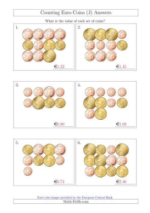 The Counting Euro Coins Without 1 or 2 Euro Coins (J) Math Worksheet Page 2