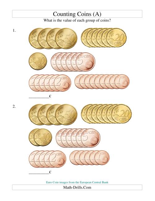 The Counting Euro Coins -- No 1 or 2 Euro Coins (Old) Math Worksheet