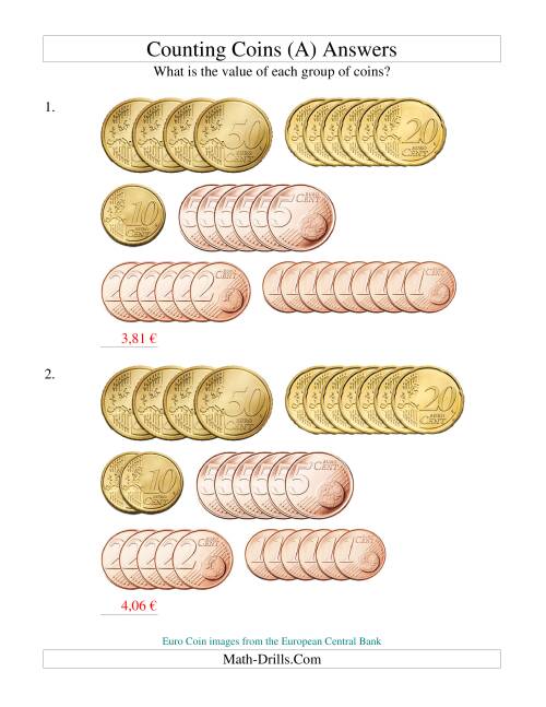The Counting Euro Coins -- No 1 or 2 Euro Coins (Old) Math Worksheet Page 2