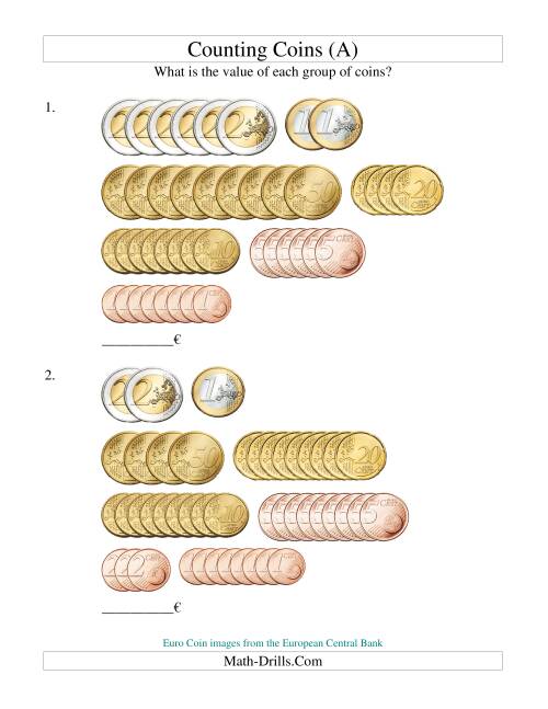 The Counting Euro Coins (Old) Math Worksheet
