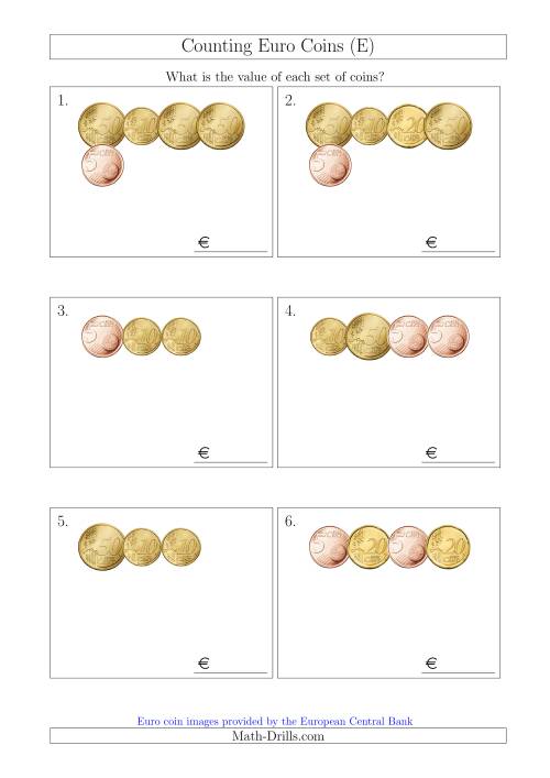 The Counting Small Collections of Euro Coins Including Only 5, 10, 20 and 50 Cent Coins (E) Math Worksheet