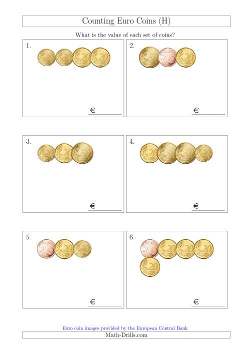 The Counting Small Collections of Euro Coins Including Only 5, 10, 20 and 50 Cent Coins (H) Math Worksheet