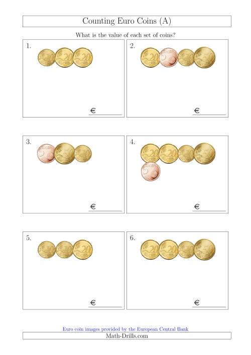 The Counting Small Collections of Euro Coins Including Only 5, 10, 20 and 50 Cent Coins (All) Math Worksheet