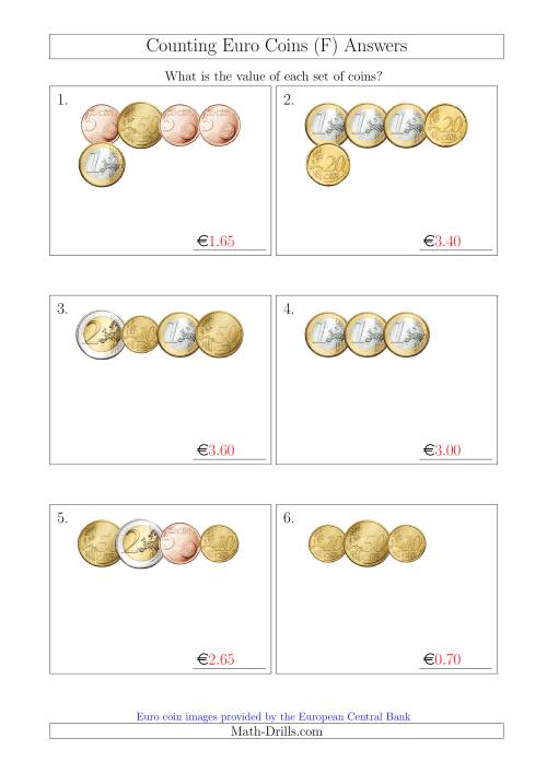 The Counting Small Collections of Euro Coins Without 1 or 2 Cent Coins (F) Math Worksheet Page 2
