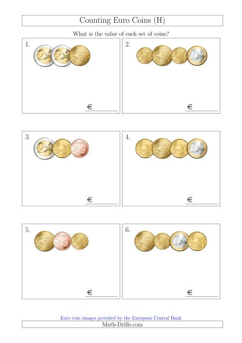 The Counting Small Collections of Euro Coins Without 1 or 2 Cent Coins (H) Math Worksheet