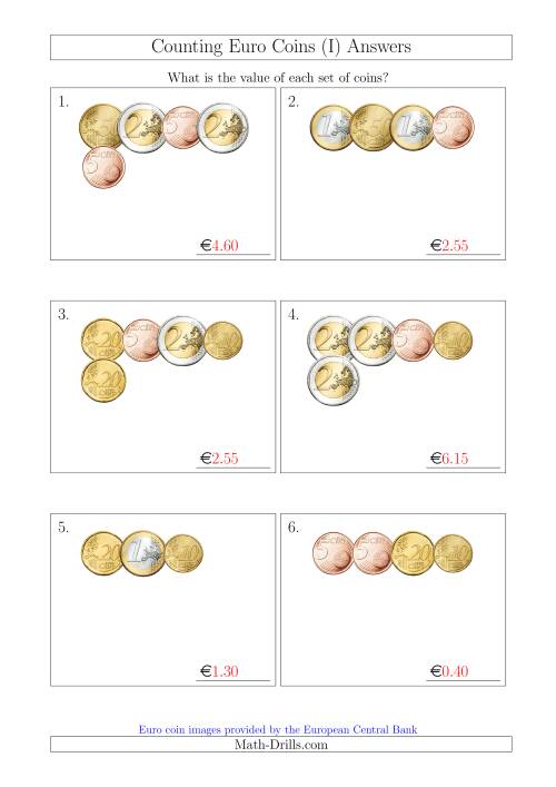 The Counting Small Collections of Euro Coins Without 1 or 2 Cent Coins (I) Math Worksheet Page 2
