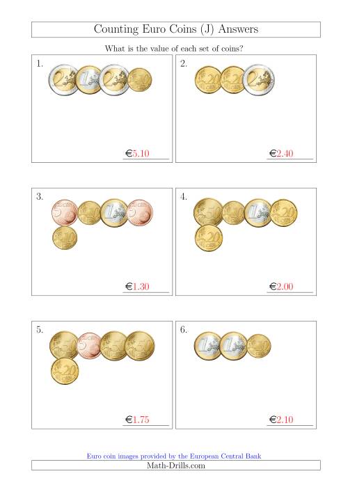 The Counting Small Collections of Euro Coins Without 1 or 2 Cent Coins (J) Math Worksheet Page 2