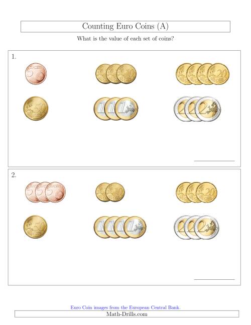 The Counting Small Collections of Euro Coins Sorted Version (No 1 or 2 Cents) (A) Math Worksheet