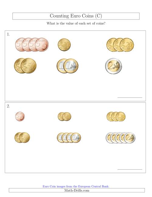 The Counting Small Collections of Euro Coins Sorted Version (No 1 or 2 Cents) (C) Math Worksheet
