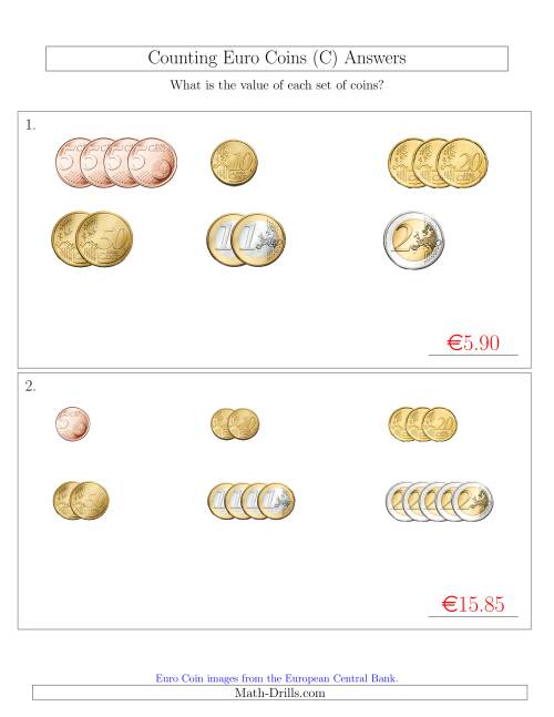 The Counting Small Collections of Euro Coins Sorted Version (No 1 or 2 Cents) (C) Math Worksheet Page 2
