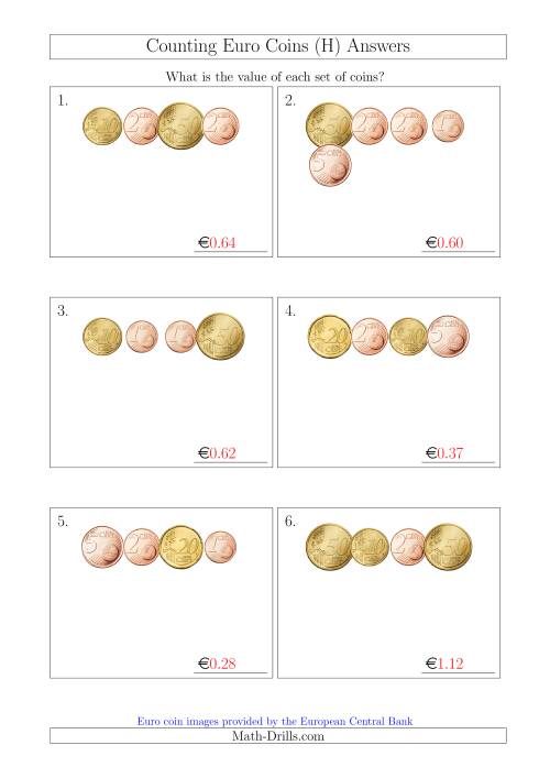 The Counting Small Collections of Euro Coins Without 1 or 2 Euro Coins (H) Math Worksheet Page 2