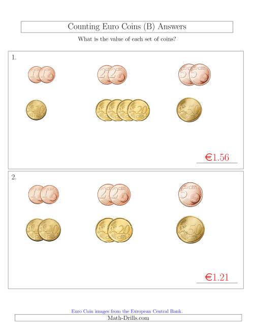 The Counting Small Collections of Euro Coins Sorted Version (No 1 or 2 Euro Coins) (B) Math Worksheet Page 2