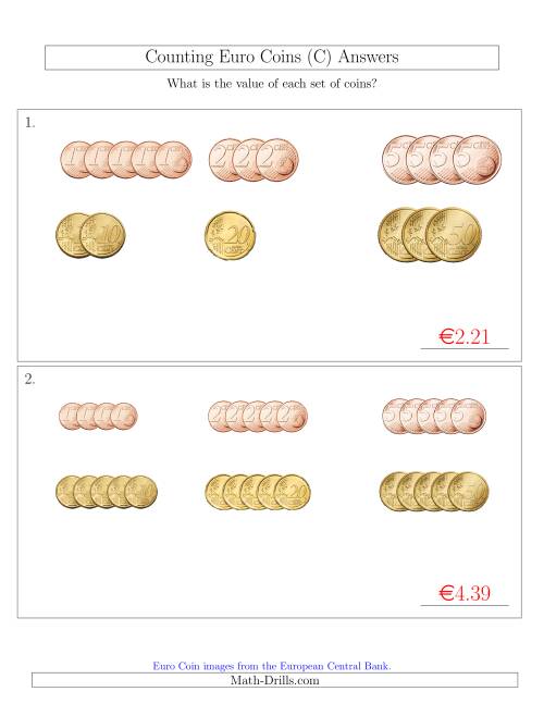 The Counting Small Collections of Euro Coins Sorted Version (No 1 or 2 Euro Coins) (C) Math Worksheet Page 2