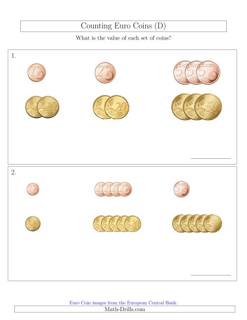 The Counting Small Collections of Euro Coins Sorted Version (No 1 or 2 Euro Coins) (D) Math Worksheet