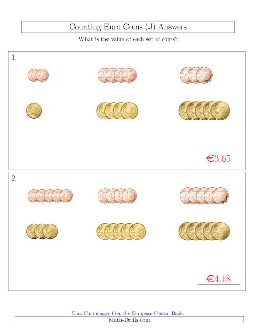 The Counting Small Collections of Euro Coins Sorted Version (No 1 or 2 Euro Coins) (J) Math Worksheet Page 2