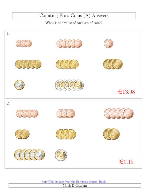 counting small collections of euro coins sorted version a