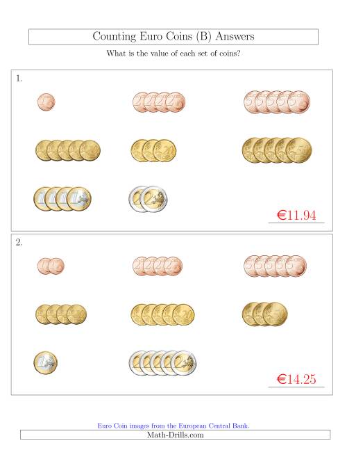 The Counting Small Collections of Euro Coins Sorted Version (B) Math Worksheet Page 2