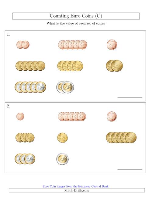 The Counting Small Collections of Euro Coins Sorted Version (C) Math Worksheet